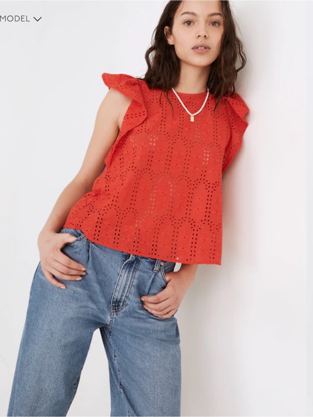 Madewell Red Eyelet Ruffle Sleeve Tank